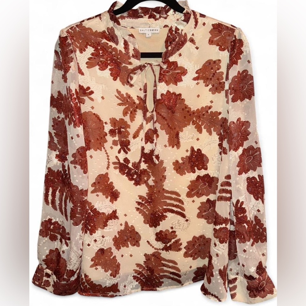 Baltic Born Women Large Reddish Brown Metallic Floral Blouse Ruffle Collar Sheer - Picture 2 of 9